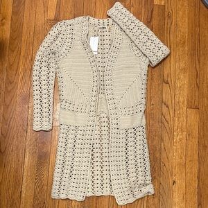 NWT Minnie Rose tan 100% cotton crochet open long cardigan fall XS
